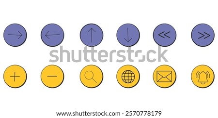 Set of minimalist purple and yellow circular icons with directional and functional symbols. Window, social media app templates. 80s 90s old computer UI elements and vintage aesthetic icons.