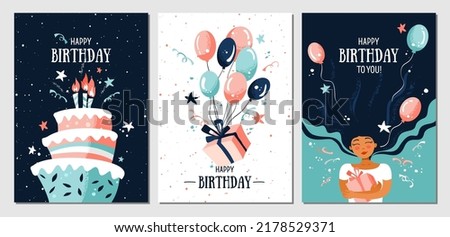 Set of postcards with a woman, gift, balloons, confetti, cake  and candles. Holliday, party, vacation, happy birthday. Vector templates for card, poster, flyer, banner and other
