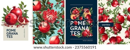 Hand drawn set of designs and patterns. Vectorized gouache illustrations. Illustrations of pomegranates with flowers and leaves for poster, prints, menu, card or textile.