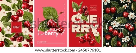 Hand drawn set of designs and patterns. Vectorized gouache illustrations. Illustrations of red cherry berry with flowers and leaves for poster, prints, menu, card or textile