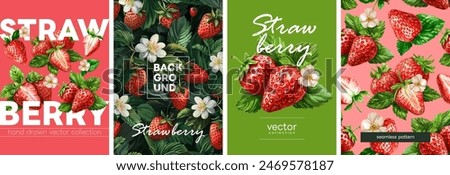 Hand drawn set of designs and patterns. Vectorized gouache illustrations. Illustrations of strawberry with flowers and leaves for poster, prints, menu, card or textile.