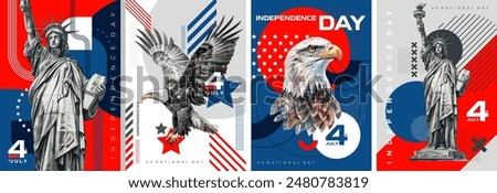 US Independence Day posters collection. Stylish designs with painted and traced Statue of Liberty, national eagle and geometric shapes. 4th of July, National Day