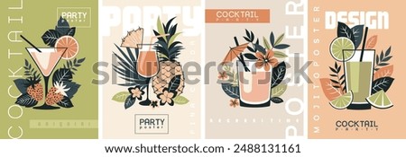 Cocktails in a composition with tropical leaves. Daiquiri, pina colada, negroni, mojito. Stylish flat design. Party label, design for cocktail menu or advertising. Decorative print for clothes