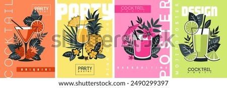 Cocktails in a composition with tropical leaves. Daiquiri, pina colada, negroni, mojito. Stylish flat design. Party label, design for cocktail menu or advertising. Decorative print for clothes