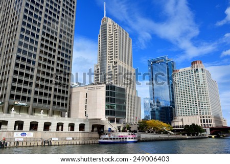 CHICAGO, USA - OCTOBER 6: City buildings and The University of Chicago, beside Chicago river in downtown of Chicago, Illinois, in October 6th, 2014.Chicago is the biggest city in North of USA.