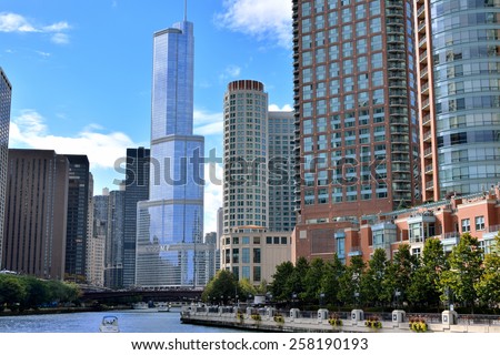 CHICAGO, USA - OCTOBER 6: City buildings beside Chicago river in downtown of Chicago, Illinois, in October 6th, 2014.Chicago is the biggest city in North of USA