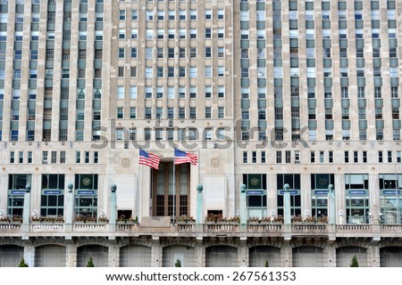 CHICAGO, USA - OCTOBER 6: Chicago Merchandise Mart building beside Chicago river in downtown of Chicago, Illinois, in October 6th, 2014.Chicago is the biggest city in North of USA.