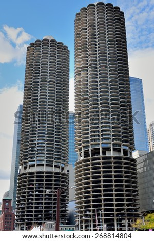 CHICAGO, USA - OCTOBER 6: Famous Marina City Towers like corncob beside Chicago river in downtown of Chicago, Illinois, in October 6th, 2014.Chicago is the biggest city in North of USA.