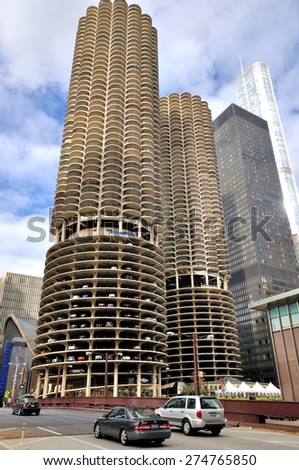 CHICAGO, USA - OCTOBER 6: Chicago Marina City Twins Towers beside Chicago river in downtown of Chicago, Illinois, in October 6th, 2014.Chicago is the biggest city in North of USA.