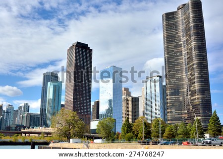 CHICAGO, USA - OCTOBER 6: City views at entry of Michigan Lake from Chicago river in downtown of Chicago, Illinois, in October 6th, 2014.Chicago is the biggest city in North of USA.