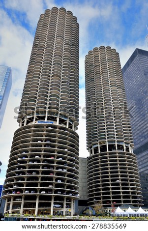 CHICAGO, USA - OCTOBER 6: Chicago Marina twins towers beside Chicago river in downtown of Chicago, Illinois, in October 6th, 2014.Chicago is the biggest city in North of USA.