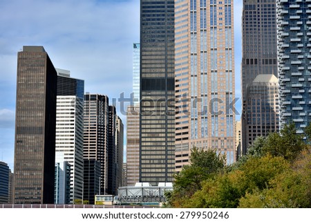 CHICAGO, USA - OCTOBER 6: City business buildings beside Chicago river in downtown of Chicago, Illinois, in October 6th, 2014.Chicago is the biggest city in North of USA.