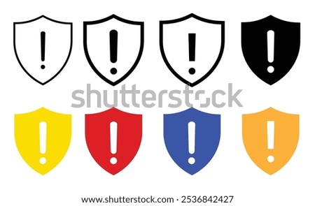 Shield exclamation mark icon or security shield warning. risk alert line icon vector
