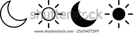 Sun and moon icon vector day and night icon set. dark and light mode icons , Screen brightness and contrast level signs .Sunset, sun, moon icons. Vector illustration