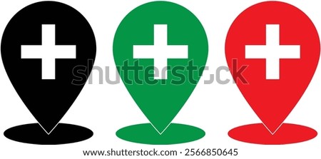 vector flat icon set of map pin with medical plus symbol
