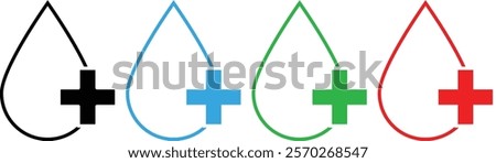 Water drop with plus icon. Clean water sign. Water drops with plus sign in line and fill flat style for drinking, vector illustration.