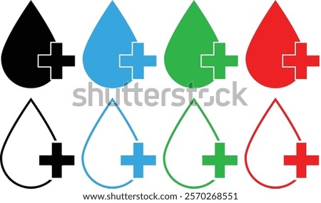 Water drop with plus icon. Clean water sign. Water drops with plus sign in line and fill flat style for drinking, vector illustration.