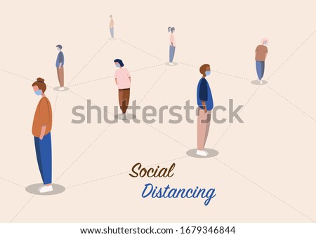 Social distancing, social distancing in public, people practice social distancing to protect from COVID-19 coronavirus outbreak spreading concept, avoid social contact. Vector Illustration 