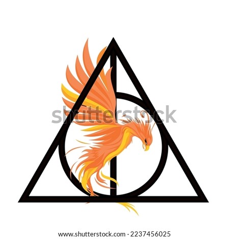 Deathly Hallows, a symbol from the Harry Potter book and Fenix, from Dumbledore. A magic wand, a resurrection stone, and a cloak of invisibility. Vector illustration.