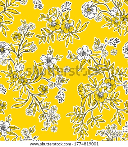 Meadow. Wildflowers pattern. Hand drawn Floral pattern. Seamless vector texture. Elegant template for fashion prints. Surface with meadow flowers and herbs. Yellow background.