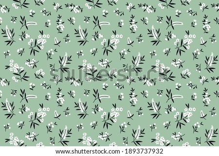 Cute floral pattern in the small flowers. Seamless vector texture. Elegant template for fashion prints. Printing with small white flowers. Light green background. Stock.