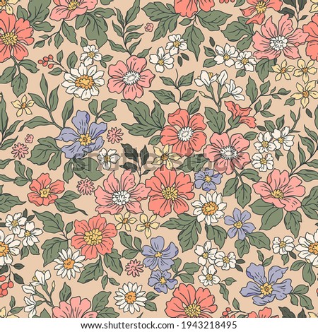 Vintage seamless floral pattern. Liberty style background of small coral pink flowers. Small flowers scattered over a beige background. Stock vector for printing on surfaces. Realistic flowers.