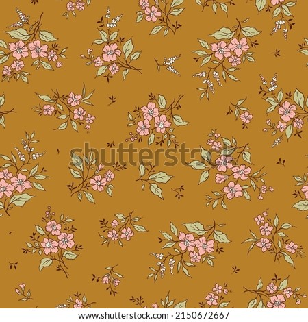 Seamless vintage floral pattern. Beautiful pink flowers and outline green leaves on gold mustard background. Delicate flowers in ditsy style. Stock vector for prints on surface.