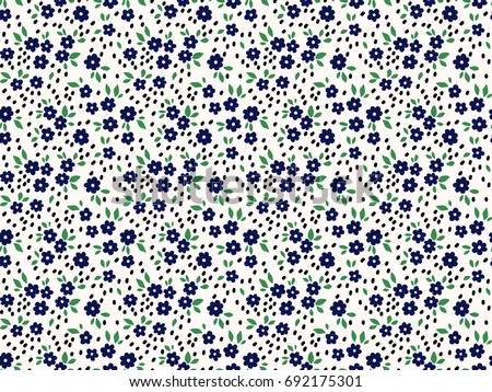 Floral background with small navy blue flowers. Memphis style. Vector seamless pattern. Creative geometric background with floral elements and different textures.