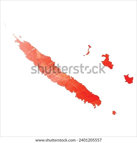 High detailed vector map. New Caledonia. Watercolor style. Scarlet bright red color.