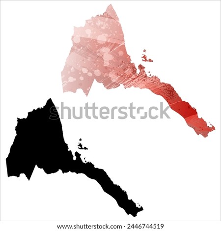 High detailed vector map. Eritrea. Set of two cards. Watercolor style. Red color. Black card.