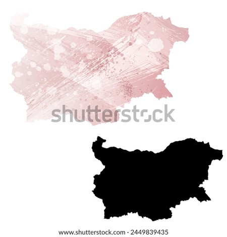 High detailed vector map. Bulgaria. Set of two cards. Watercolor style. Pink color. Black card.