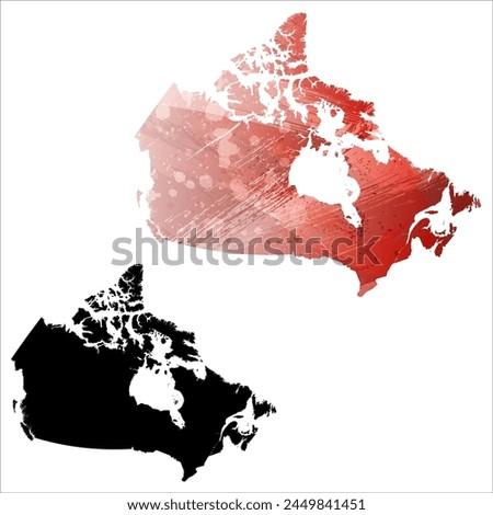 High detailed vector map. Canada. Set of two cards. Watercolor style. Red color. Black card.