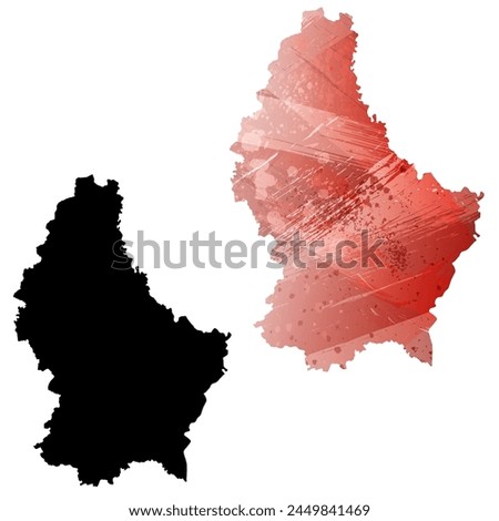 High detailed vector map. Luxembourg. Set of two cards. Watercolor style. Red color. Black card.