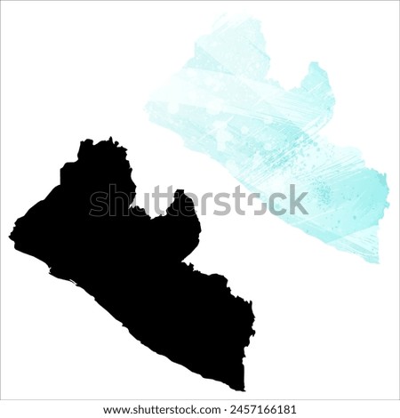 High detailed vector map. Liberia. Set of two maps. Watercolor style. Blue color. Black map.