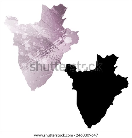 High detailed vector map. Burundi. Set of two cards. Watercolor style. Purple color. Black card.