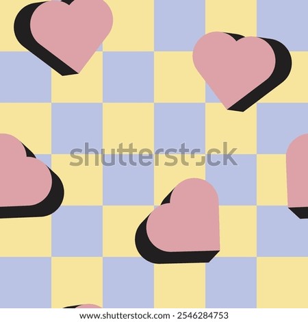 Contemporary Y2K seamless pattern with shaded pink hearts o squared yellow and blue pattern