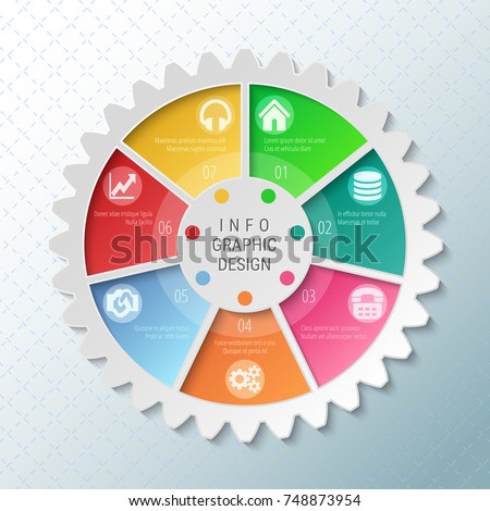 Gear wheel pie chart with 7 spokes. Flowchart with options for presentations, advertising, process steps, websites