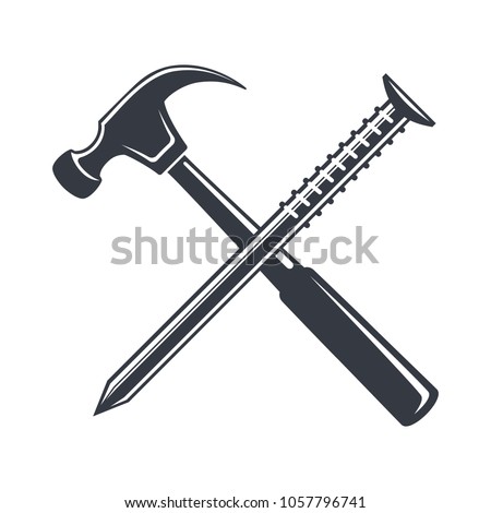 Vintage hammer and nail Icon, joiner's tools, simple shape, for graphic design of logo, emblem, symbol, sign, badge, label,stamp, isolated on white background. Hand drawn, vector illustration.