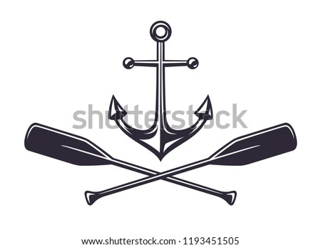 Monochrome vintage icon, crossed wooden paddles and sea anchor. Simple shape for design logo, emblem, symbol, sign, badge, label, stamp. Hand drawn vector illustration, isolated on white background. ストックフォト © 