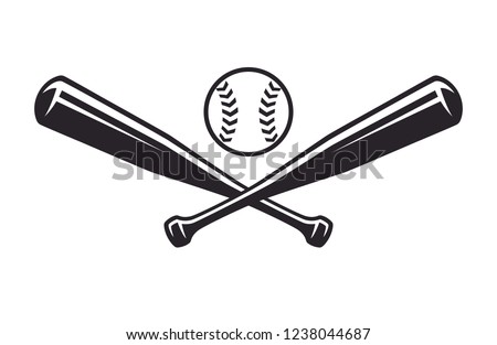Monochrome two crossed baseball bats, icon sports tool. Vector illustration, isolated on white background. Simple shape for design logo, emblem, symbol, sign, badge, label, stamp.