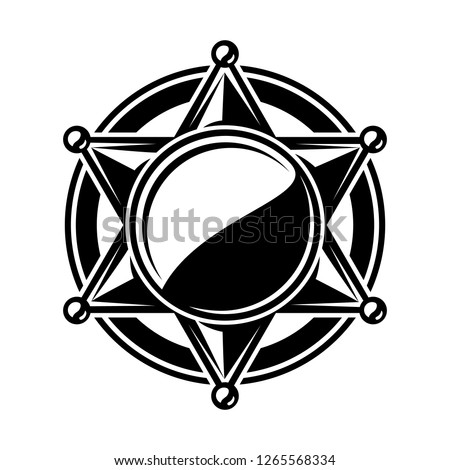 Monochrome flat icon, sheriff star, cowboy badge. Simple shape for graphic design of logo, emblem, symbol, sign, label, stamp, isolated on white background.
