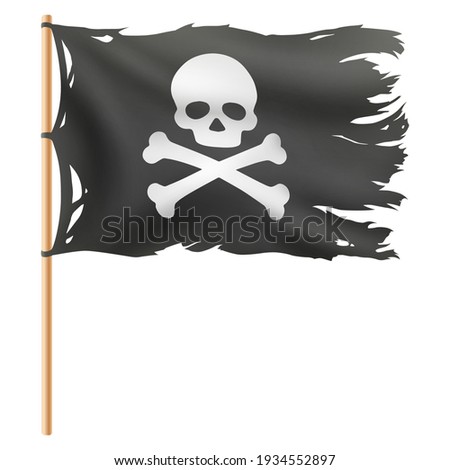 3D realistic vector Illustration, flying pirate flag. Skull with bones, jolly roger. Isolated on White Background.