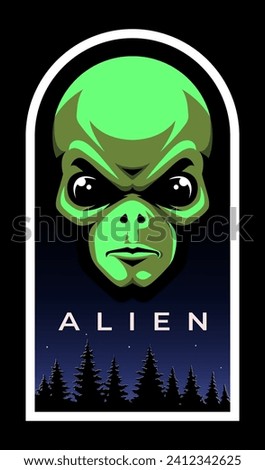 Alien head emblem. Green humanoid. Ufo. T-shirt print.