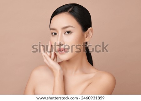 Image, Stock Photo young beautiful asian woman doing yoga in a park. Sitting on the bridge with reflection on the water lake. Yoga and healthy lifestyle concept