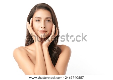 Image, Stock Photo Young beautiful woman with short curly hair meditating in light fitness studio. Hands in namaste. Pray, gratitude, yoga, love God concept.