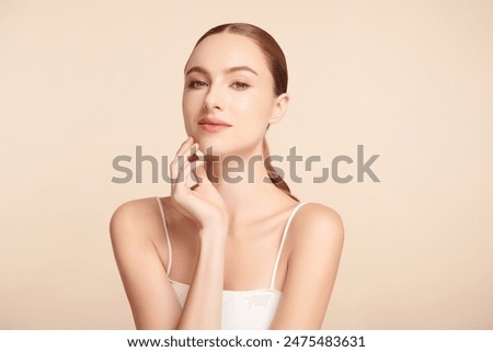 Image, Stock Photo Beauty portrait of female face of natural healthy skin, Beauty woman face on red background