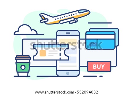 illustration of travel. Icon aircraft, ticket, coffee, cloud, credit card on white background in flat style