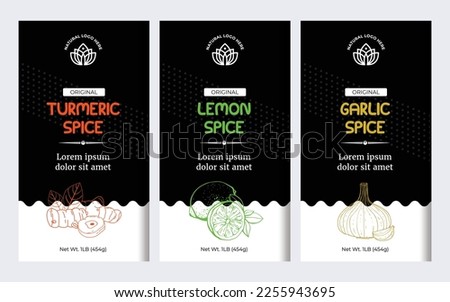 Spice Box Design Turmeric Label Lemon Label Garlic Spice Label Designs. Abstract Vector Labels Template Set. Hand Drawn Sketch Herbs, Spice Background and Minimal Style. 