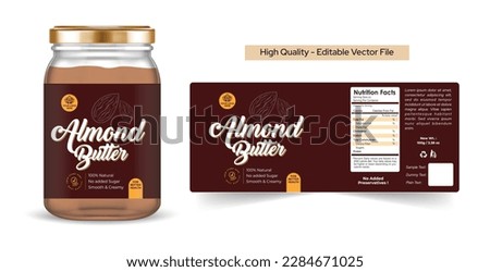 Premium Almond butter label design, Organic quality product Almond butter Jar label Illustration with realistic glass jar mockup. Almond butter logo minimalist packaging template design editable file