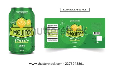 Mojito drink can label design Lemon Peppermint drink label, cocktail label design. Soda can vector, Energy drink mocktail, soft drink label template editable vector mojito design